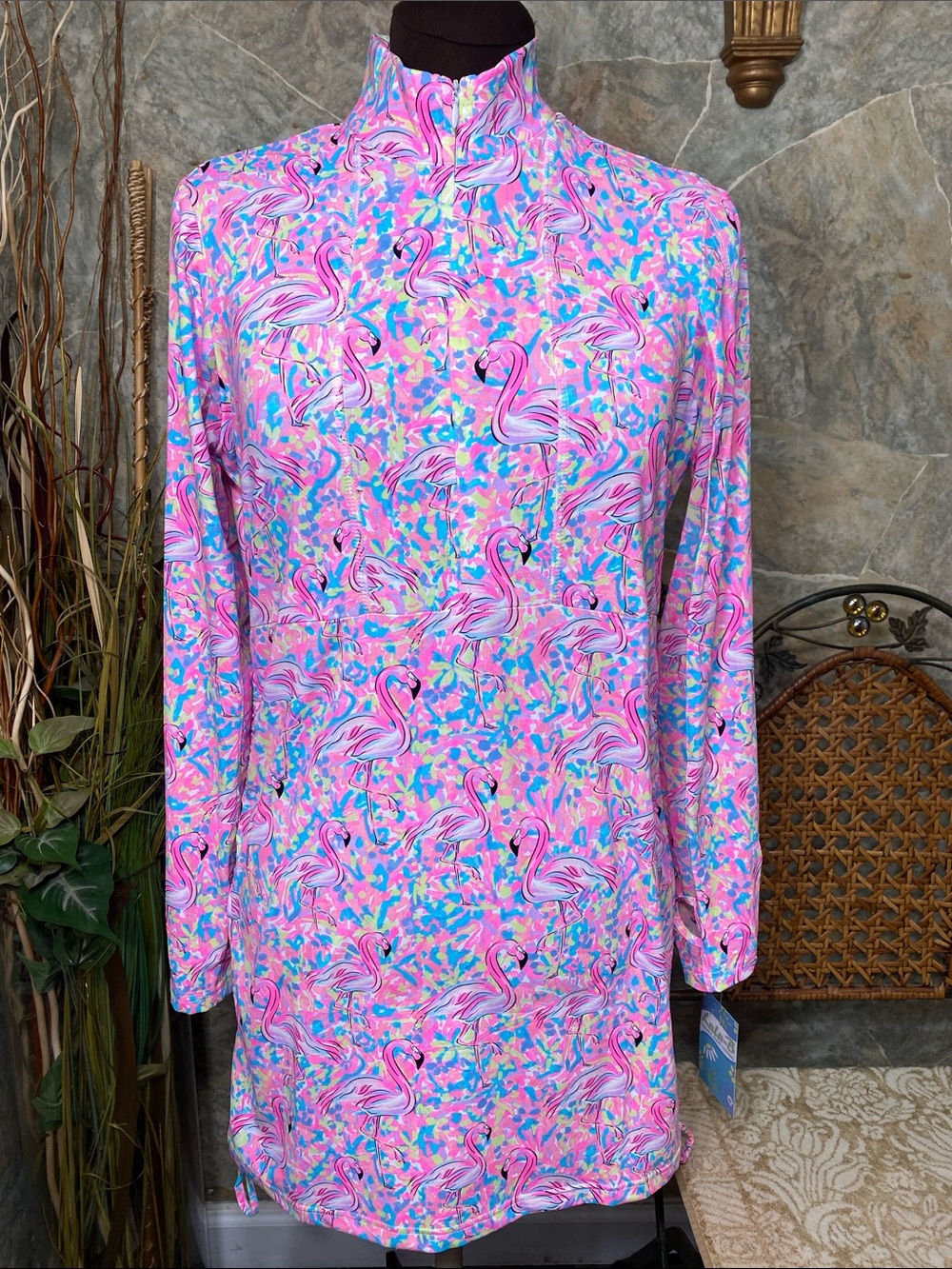 Lulu B Shirt top blouse tunic dress swimsuit cover-up flamingo 3/4 zip & thumb